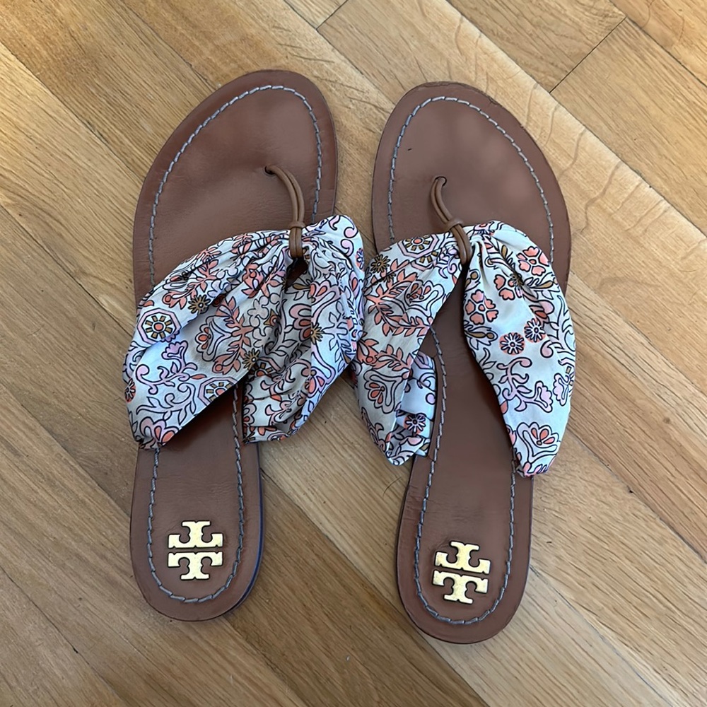 Tory Burch Brown Leather Sandal with Floral Scarf Tie